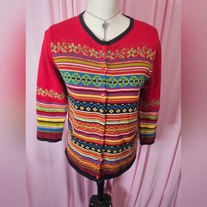 Evan Picone Red and Yellow Cardigan Sweater with Folk Patterns